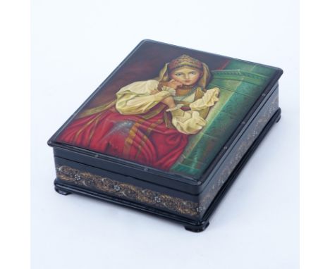Vintage Russian Black Lacquer Hinged Paper Mache Box with Portrait. Signed. Good condition. Measures 3" H x 9-5/8" W x 7-1/2"