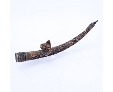 Chinese Carved Bone Opium Pipe. Carved throughout with continuous dragon motif. Brass fittings, inset semi-precious stone. Si