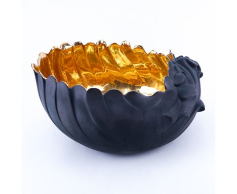 Large Italian San Marco Black Textured Ceramic and Gilt Free-Form Centerpiece Bowl. Signed to base and inscribed lower. Rubbi