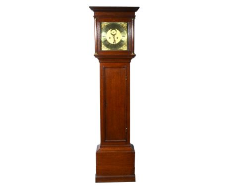 An oak longcase clock, moulded cornice, plain frieze, three-quarter turned engaged columns, long door, plinth base, twelve-in