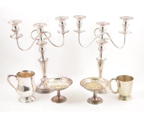 Pair of silver plated three light candelabra, various tankards, stilton scoop, etc.