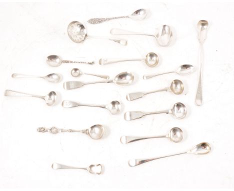 Continental silver condiment spoon, maiden finial, marks worn, a collection of silver mustard and salt spoons, sifter, etc, 7