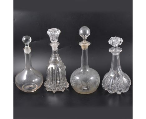 Victorian glass decanter and stopper, other decanters, glasses.