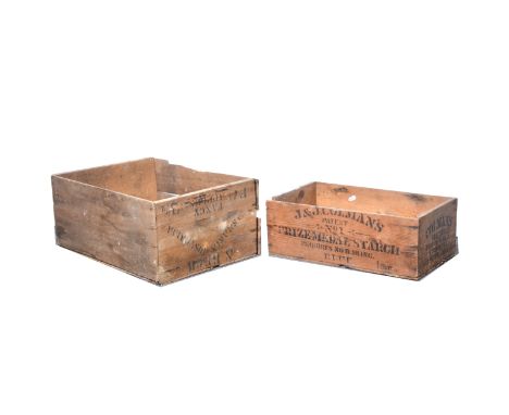 Vintage wooden stencilled crate, 'Colman's', another, warming pan, two plaques.