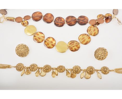 A French vintage necklace and earring suite by the Satellite brand, a gilt metal necklace with domes of ivorine covered in tw