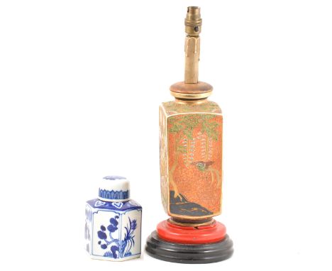 Japanese Satsuma pottery vase, square section, enamelled with figures and birds, converted to a lamp base, 46cm overall, and 