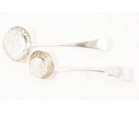 George III silver sifter spoon, WS, London 1823, fiddle pattern handle with engraved initials, 14cm, and another Georgisn sil