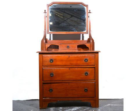 Victorian stained pine dressing chest, with mirror above trinket drawers, three drawers under, bracket feet, width 92cm, dept