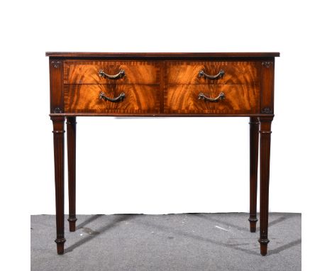 Reproduction mahogany side table, rectangular top with crossbanding, four frieze drawers, turned fluted legs, width 92cm, dep