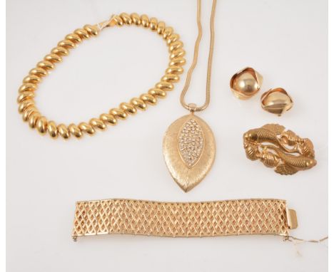 A collection of bold vintage gilt metal costume jewellery, a DMJ three strand bead necklace with circular rope design discs, 