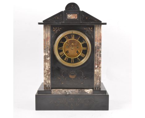 A Victorian slate and marble mantel clock, architectural case, circular dial with visible escapement, French cylinder movemen