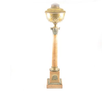 A converted brass and marble oil lamp, Roman Tuscan style plain column on a square base with brass mounts, brass reservoir, h