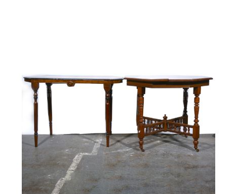 Edwardian walnut window table, octagonal top, turned and ringed legs joine by a spindle gallery, 92x92cm, height 74cm, and a 