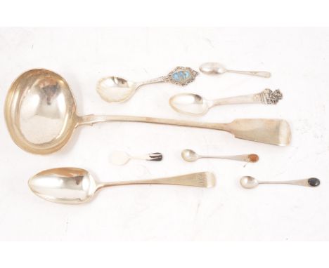 Silver ladle, by Josiah Williams &amp; Co, Exeter 1857, fiddle pattern handle, 34cm, a silver table spoon, two Continental sp