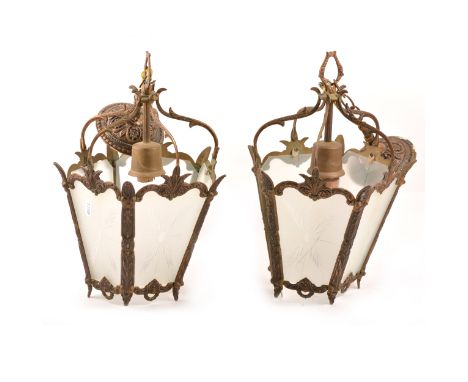 Three brass framed lantern light fittings, frosted glass panels, 53cm drop.
