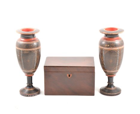 A Victorian mahogany oblong-shape tea caddy, two-section interior, width 19cm; and a pair of Indian painted vases.