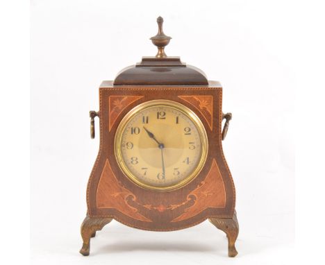 Edwardian inlaid mahogany mantel clock, brass finial and handles, bracket feet, circular dial, French cylinder movement, 25cm