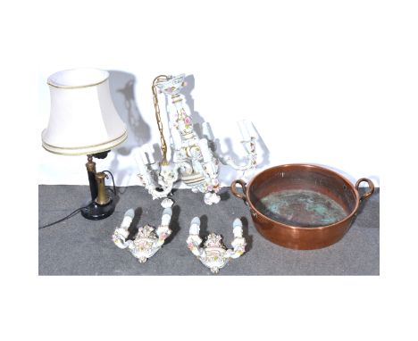 Copper jam pan, Italian chandelier and wall lights and a candlestick telephone lamp, (3).