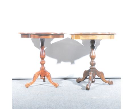 Pair of reproduction inlaid walnut pedestal tables, shaped tops, tripod legs, diameter 55cm, height 59cm.