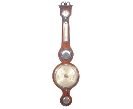 Victorian mahogany five-dial barometer, swan-neck pediment, silvered charts and a mirror, indistinctly signed, Oundle, 97cm.