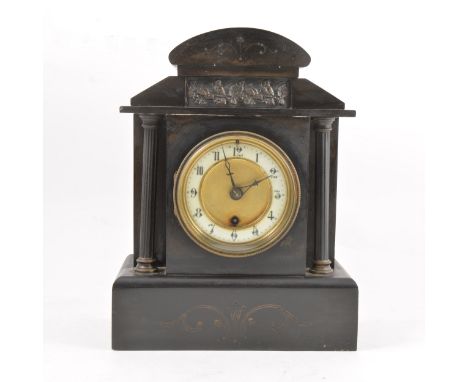 Victorian slate mantel clock, architectural case, circular dial, German cylinder movement, 31cm.
