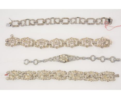 Nine vintage 1930's 1940's paste set panel bracelets, white metal alloy and pot metal.