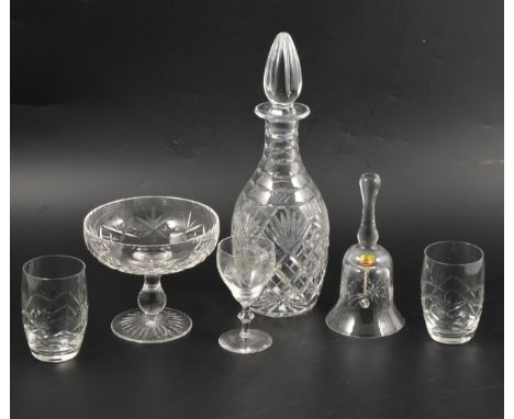 A lead crystal mallet-shape decanter, 31cm, and other table crystal.