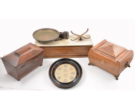 Set of platform scales, 42cm, pair of lamps with glass shades, Victorian rosewood tea caddy and another and an oval frame of 