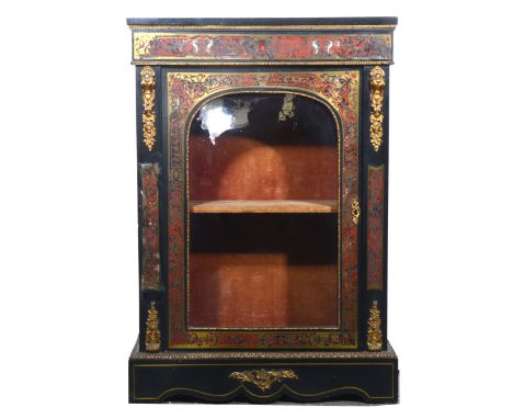 Victorian ebonised pier cabinet, rectangular top, boulle inlay with cat gilt metal mounts, arched glass door, bracket feet, w