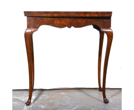 1940's burr walnut card table, rectangular foldover top, cabriole legs, width 70cm, depth 44cm, height 74cm.