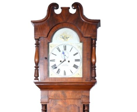 Mahogany longcase clock, swan neck pediment, the hood with turned columns, short door flanked by further turned columns, box 