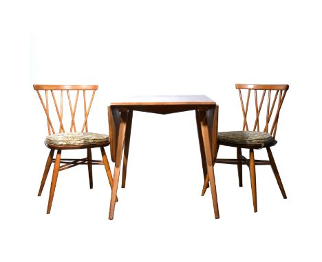 Ercol elm and beech dropleaf dining table, maximum 142x74cm, height 72cm, and four model 376 stick back chairs, (5).