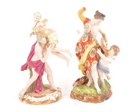Meissen model, Rape of a Sabine woman, 18cm, underglaze blue crossed swords mark, damaged and restored, and a Derby style gro