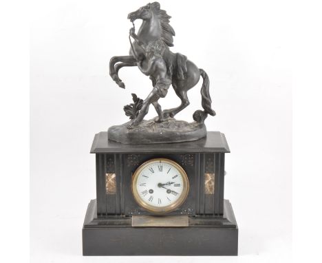 Victorian slate and marble mantel clock, spelter mount of a horse after Cousteau, circular enamelled dial, French circular mo