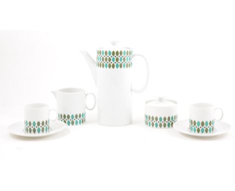 A 1960s Thomas Rosenthal china coffee set., decorated with a printed band, including coffee pot, cream jug, sugar bowl, six c