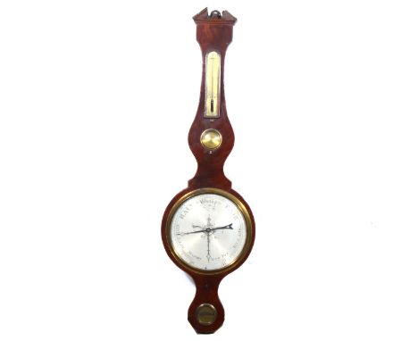 Victorian mahogany barometer, architectural pediment, the case with boxwood and ebony stringing, silvered dials, signed J Ver