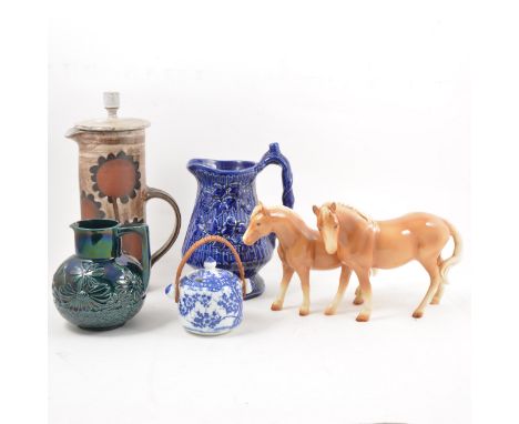 A box of ceramics, relief moulded blue glazed jug, Langley pottery tureen and cover, large ceramic model of a boy, Cauldon bl