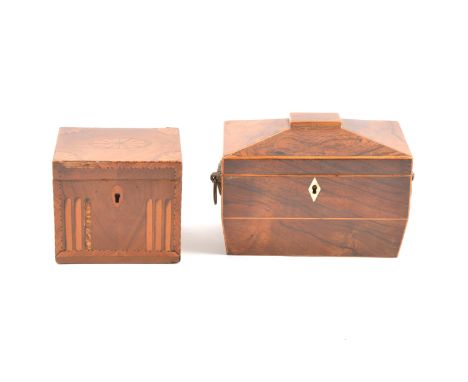 George III mahogany and marquetry tea caddy, with fan inlay, damaged, 13cm; and a Victorian rosewood sarcophagus-shape tea ca