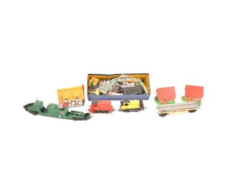 A collection of OO gauge model railways, including two locomotives, coaches, wagons, small buildings, accessories, boxed G.P.