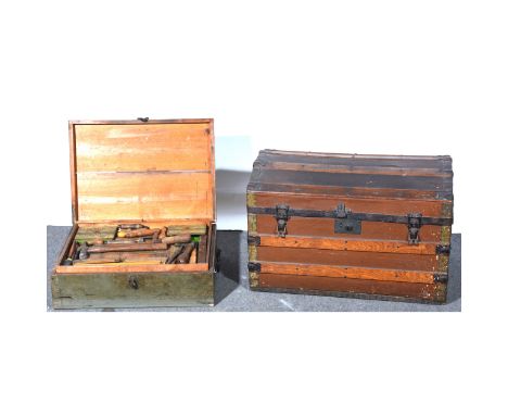 A banded domed trunk, 69cm, wooden box and quantity of old tools.