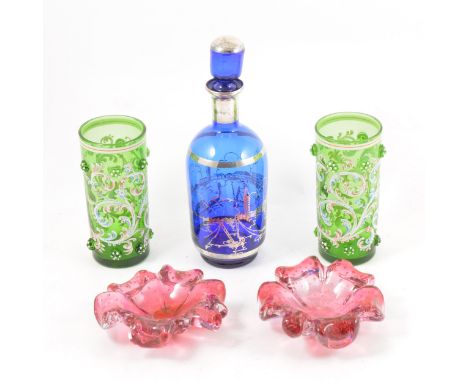 Enamelled 'Roemer' style glass, decorated with a crest, 16cm, other similar glasses, blue decanter, cranberry dishes.
