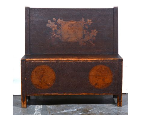 Pine and poker work settle, rectangular back with portrait, box seats with furter portraits, width 92cm, depth 41cm, height 9