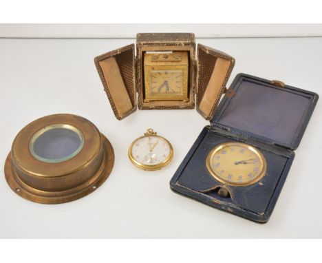 A Zenith gilt metal travel alarm clock in fitted case, Romeo gold-plated open face pocket watch, base metal travelling watch 