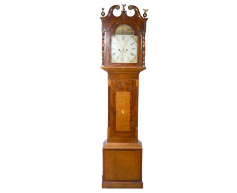 Oak and mahogany longcase clock, swan neck pediment with eagle finials, the hood with turned supports, arched door, plinth ba