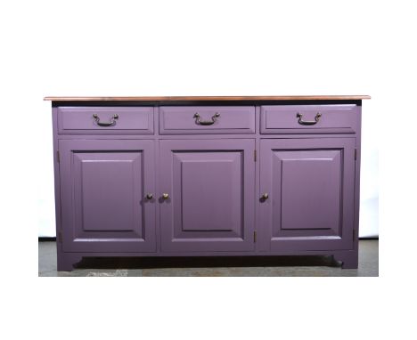 Modern pine part-painted sideboard, rectangular top, three drawers above cupboards, bracket feet, width 153cm, depth 51cm, he