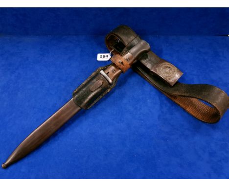 WW2 THIRD REICH, ARMY BELT & BUCKLE COMPLETE WITH EARLY TYPE K98 BAYONET & FROG WITH MATCHING SERIAL NUMBERS