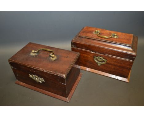 A George III mahogany rectangular tea caddy, hinged lid,three section lidded interior, brass fitting; another similar (2)