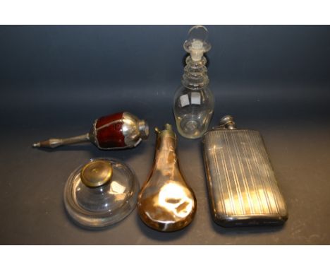 A large Electro-Plated Britannia Metal hip flask, vacant cartouche, a copper powder flask; a regency decanter;  a clear glass