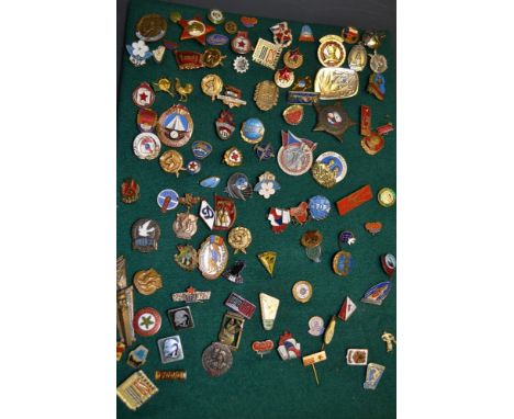 A collection of enamel football badges and pins, mostly mid-20th century Czech and Soviet Union
