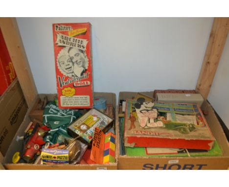 Juvenalia - an Archie Andrews ventriloquist doll boxed; bandit shooting game, boxed,;Tri-and strong man game; table tennis bo